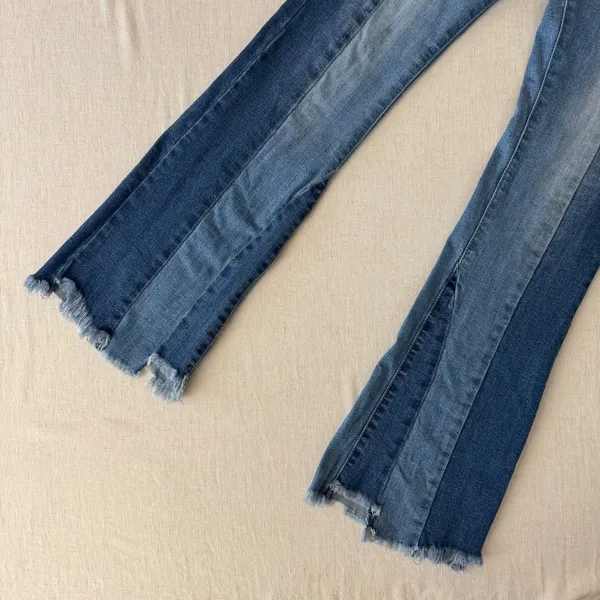 LITZ Premium Denim Two Tone Flare Jeans Blue Panel‎ Raw Hem Size 27 - Image 8