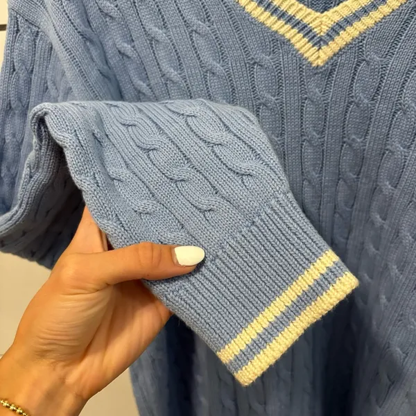 John Galt Blue & White Cable Knit Sweater - Image 6