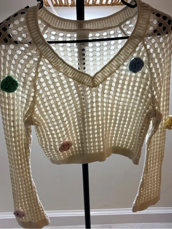 wild fable Cream Open-Knit V-Neck Sweater with Multi-Color Floral Appliqués - Image 2