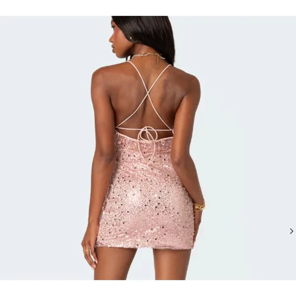 Edikted Pink Sequin Mini Dress‎ Open Back Lace Up Ruffle Trim Womens M NEW - Image 5