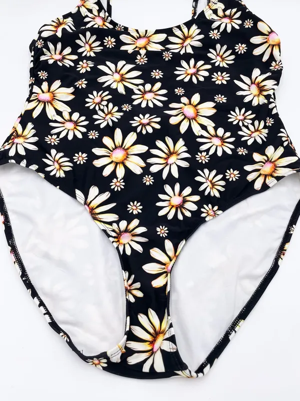 No Boundaries High Leg One Piece Swimsuit Size XL Black Daisy Floral Print 90s - Image 7