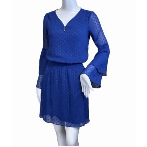 White House Black Market Size-6 Dress Women's Blue‎ Swiss Dot Smocked Waist - Image 2