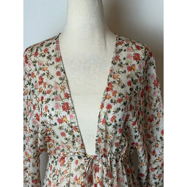 Pink Lily Floral Maxi Duster Women Small Ivory Tassel Boho Resort Cover Up Sheer - Image 7
