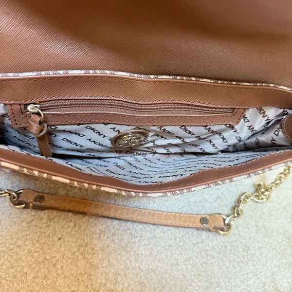 DKNY Shoulder Bag Brown Monogram Logo Pebbled Leather Y2K Baguette Women‎ Small - Image 5