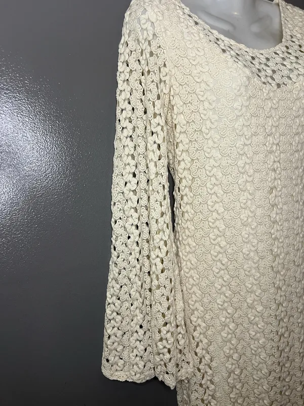 Free People Sweater Dress Womens Medium White Crochet Bell Sleeve Boho Mini - Image 3