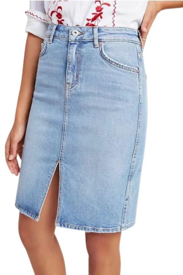 Pilcro and the Letterpress Pencil Jean Skirt Front Slit 0 Preppy Denim - Image 2