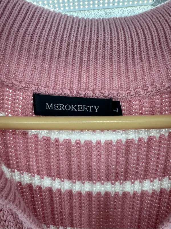 Merokeety Striped Pink sweater Maxi Dress v-neck Collared L side slits casual - Image 7