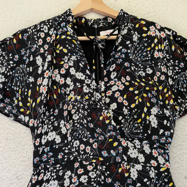 Parker Womens Floral V-Neck Flutter Sleeve Tiered Mini Dress‎ Black Small - Image 6