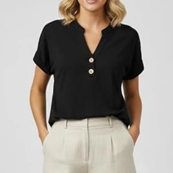 NWT ~ Women's Black Short Sleeve Rounded Bottom Casual Summer Blouse ~ MEDIUM - Image 3