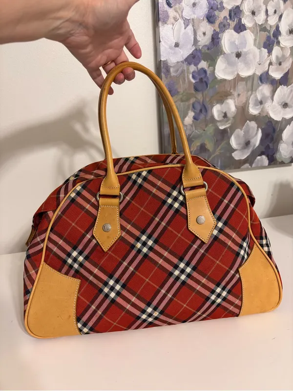 Vintage Burberry Blue label nova red plaid Boston Bowling Bag canvas leather - Image 3