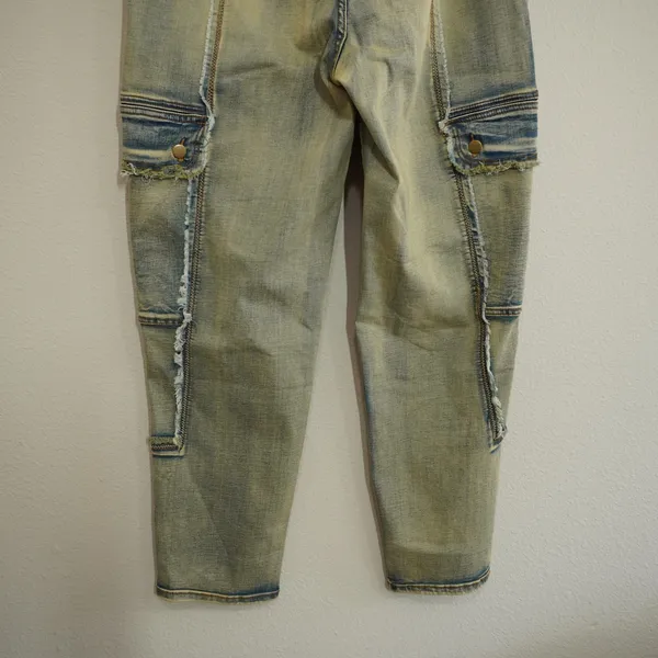 Oli‎ & Hali Yellow Wash Distressed Cargo Jeans XL Fringed Raw Edge Utility Pants - Image 9
