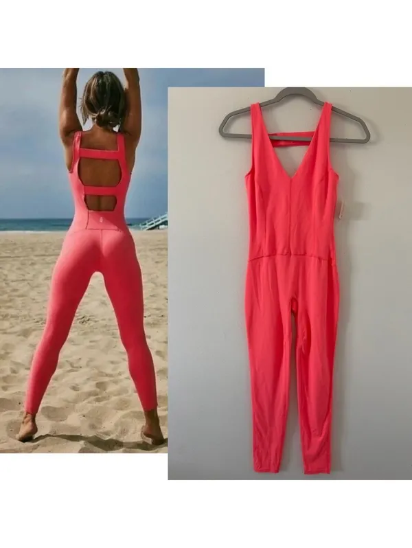 NWT- Free People FP Movement Never Better Strappy Back bodycon Jumpsuit Coral xs - Image 2