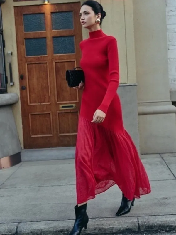 Commense Red Maxi Sweater Dress Ribbed Large Turtleneck Sheer Hem Evening - Image 10