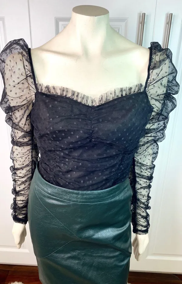 VICI Benefit Polka Dot Ruched Gathered Sleeve Mesh Tulle Top by Free the Roses - Image 6