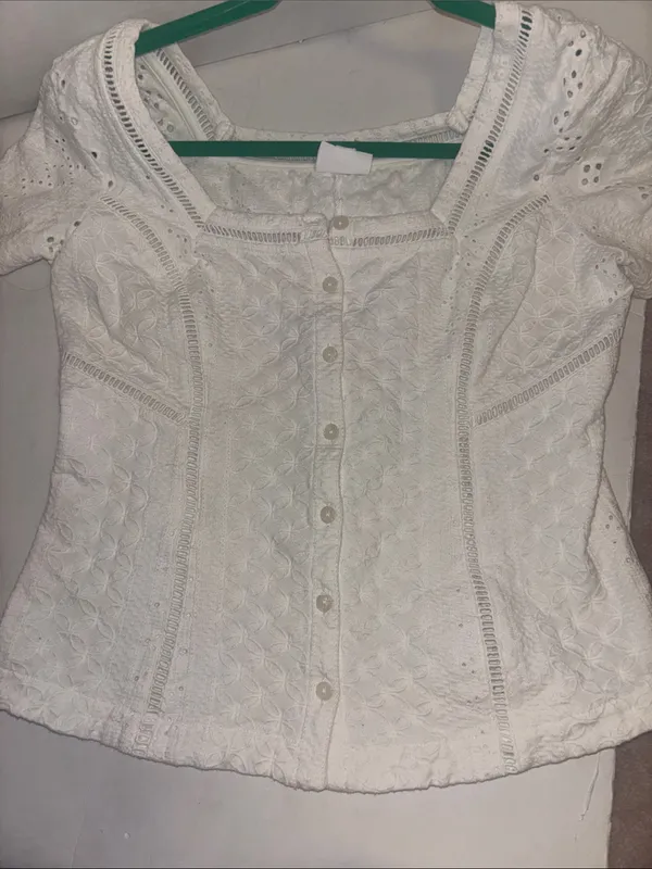 Ett:Twa By Anthropology White Button Front Eyelet Blouse Classic Square Neckline - Image 8