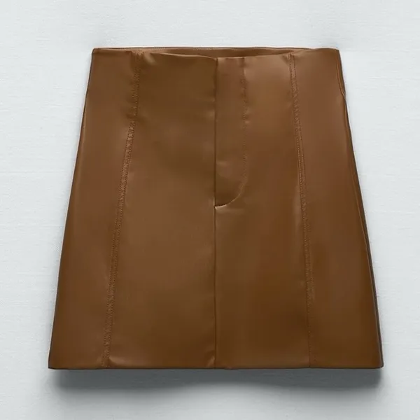 ZARA Brown Vegan‎ Faux Leather Pronounced Seams High Waisted Mini Skirt Size XXL - Image 3