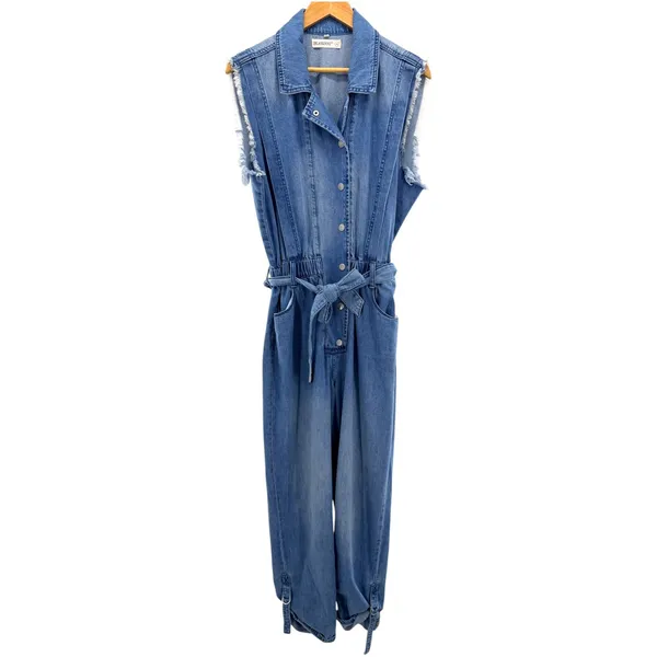 BLANKNYC Womens Blue Denim Sleeveless Boiler‎ Suit Jumpsuit Tie Waist Medium - Image 3
