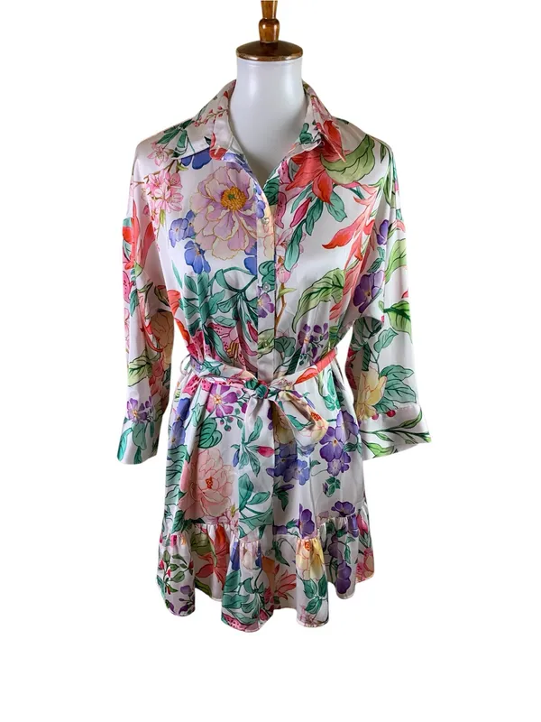 Zara S Floral Belted Shirt Dress Ruffle Hem Long Sleeve Cottagecore Boho Womens - Image 2
