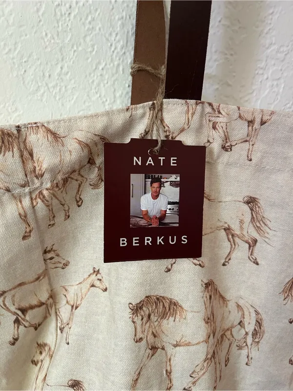 NEW Nate Berkus Wild Horse Print Cotton Canvas Tote Bag Genuine Leather Handles - Image 2