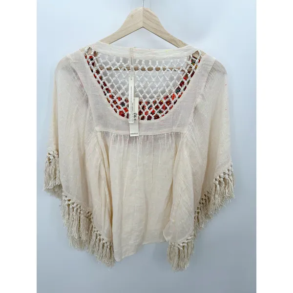 Lovestitch Cream Tulum Fringe Top Boho Embroidery Oversized‎ Fit Women Small NWT - Image 2