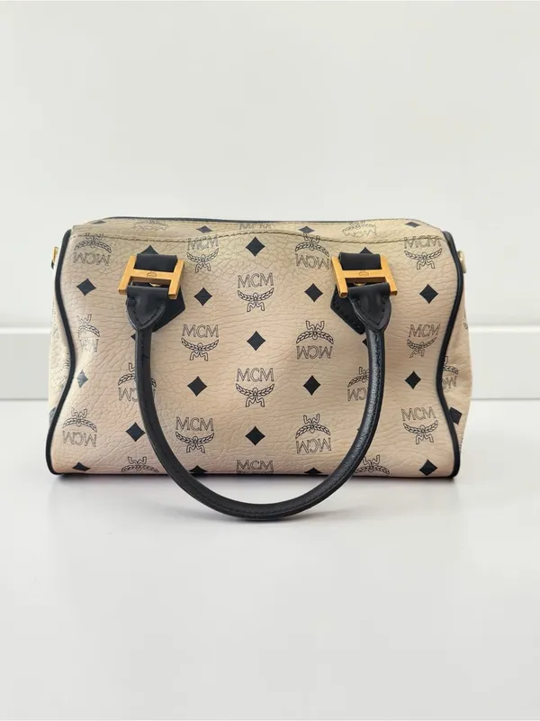 MCM Vintage Visetos Boston Satchel Ivory Black Monogram Top Handle Bag - Image 2