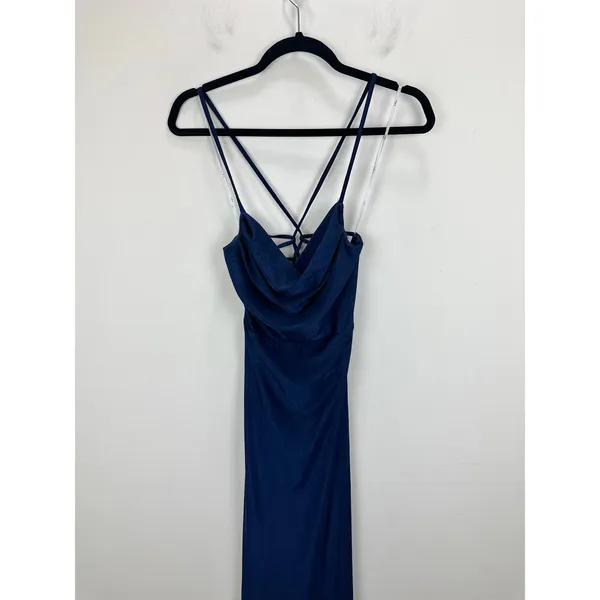 Lulus Iconic Allure Navy Blue Cowl Neck Lace Up Ruched Maxi Dress Stretch XS NWT - Image 6