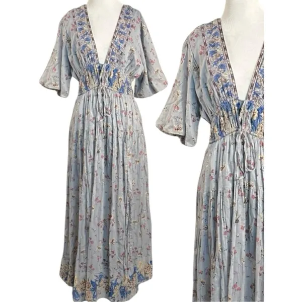 Free People Bohemian Billowy Cottage Lysette Maxi Dress Periwinkle Floral Medium - Image 6