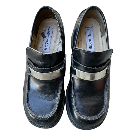 Y2K vintage Steve Madden chunky leather block heel loafers - Image 2