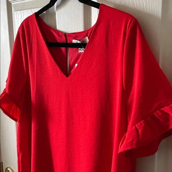 She + Sky Red V-Neck‎ Ruffle Sleeve Sisterhood Dress Sz L Autumn Wedding Guest - Image 4