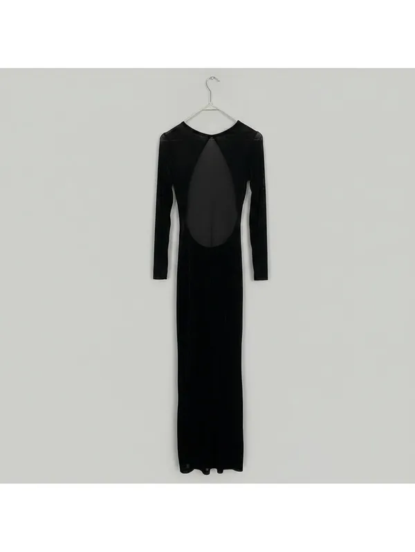Black Sheer Open Back Whimsigoth Goth Maxi Dress Beach Cover-Up Long Sleeve S - Image 3