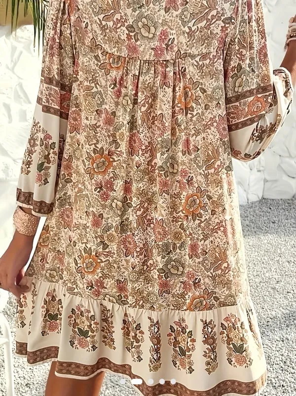 Women’s Boho Floral Mini Dress Apricot XXL Long Sleeve Tassel Tie Ruffle - Image 2