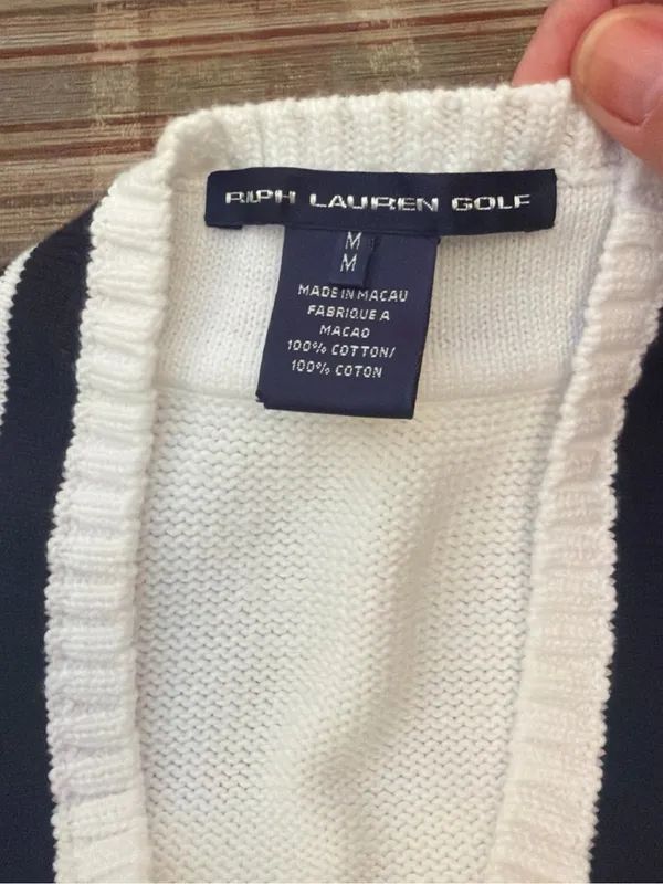 Ralph Lauren White V-Neck Sweater Vest with Navy Stripes - Image 2