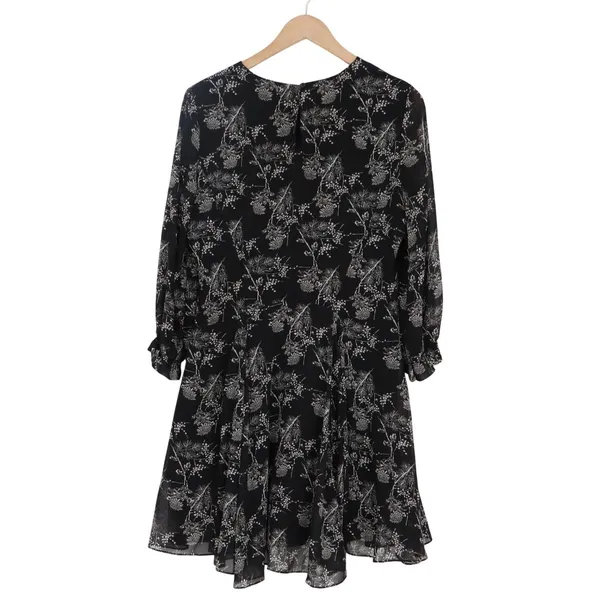HM Black Botanical Print Chiffon Long Sleeve Mini Dress Size 14 - Image 4