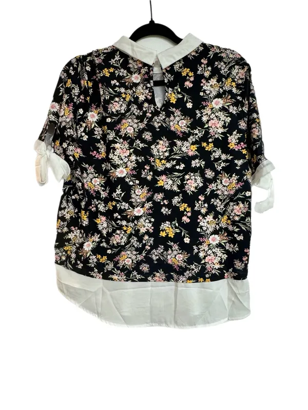 Faith and Joy Black Floral Collared Blouse with White Trim - Image 2