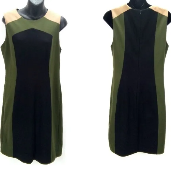 Premise Colorblock Sheath Shift Career Office Black Tan Moss Green Dress 8 - Image 2
