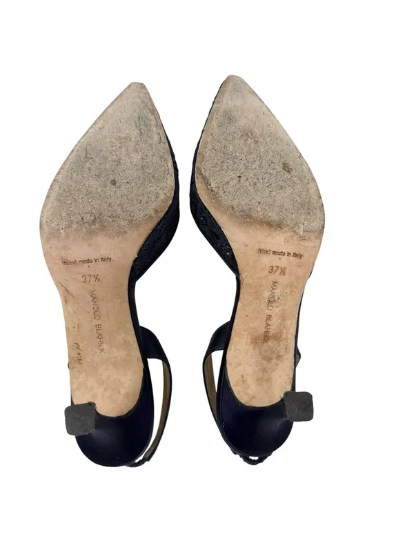 Manolo Blahnik Carolyne 70 Navy Blue Floral Lace Slingback Pumps Size 37.5 - Image 8