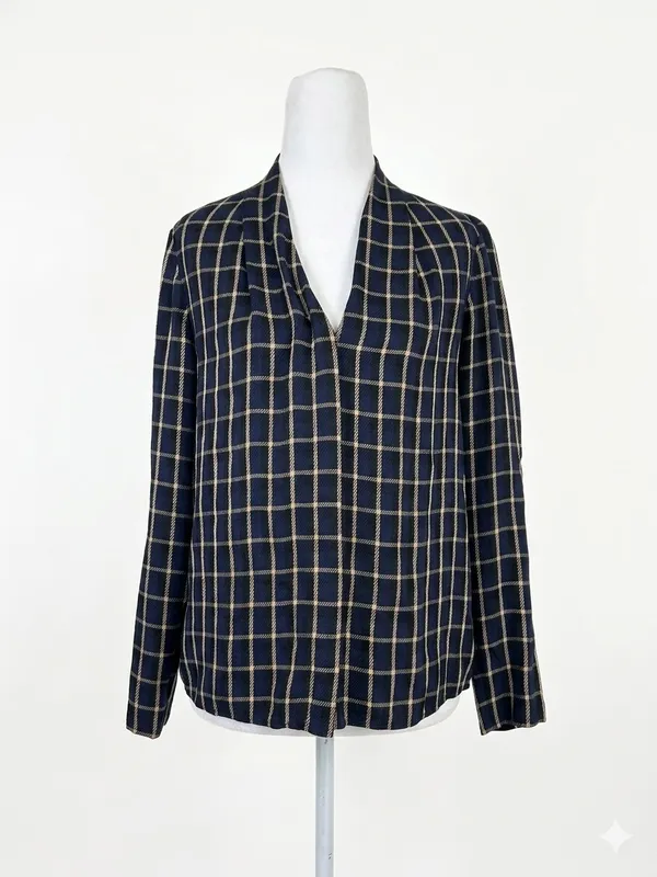 Aritzia Babaton Power Blouse Small S Navy‎ Blue Cream Check Plaid V-Neck Career - Image 2