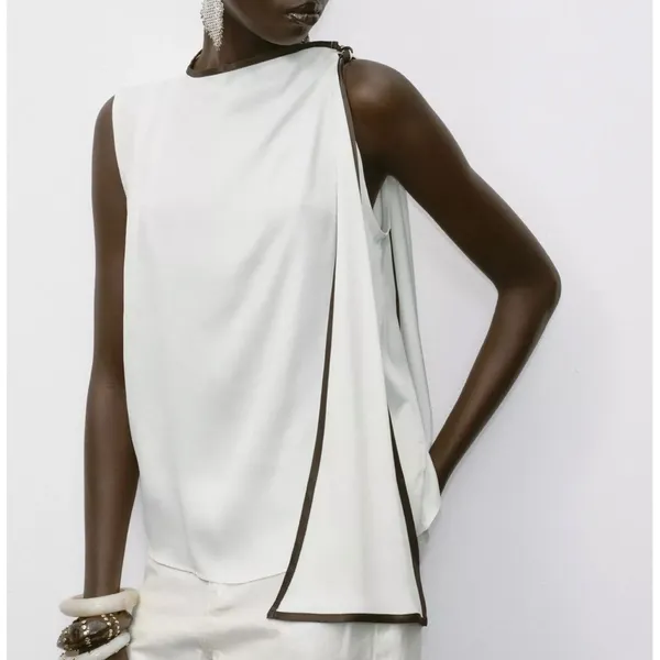 Zara NWT white & brown asymmetrical bow tie knot ribbon shoulder detail - Image 7