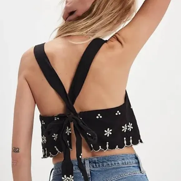 Free People Kayla Solid Embroidered Cropped Blouse Top - Black - Image 5