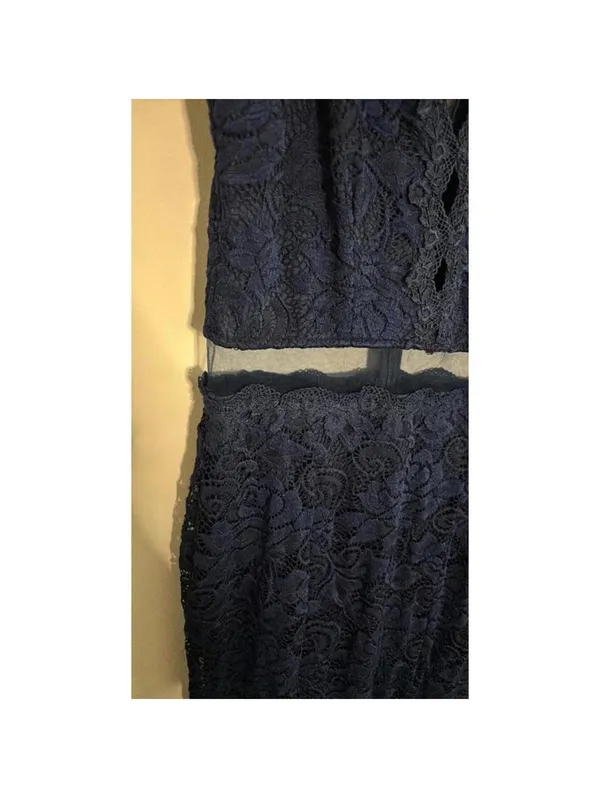 FLAW Juniors Maniju Navy Lace Evening Gown Mermaid High Slit Peekaboo Cut Out - Image 3