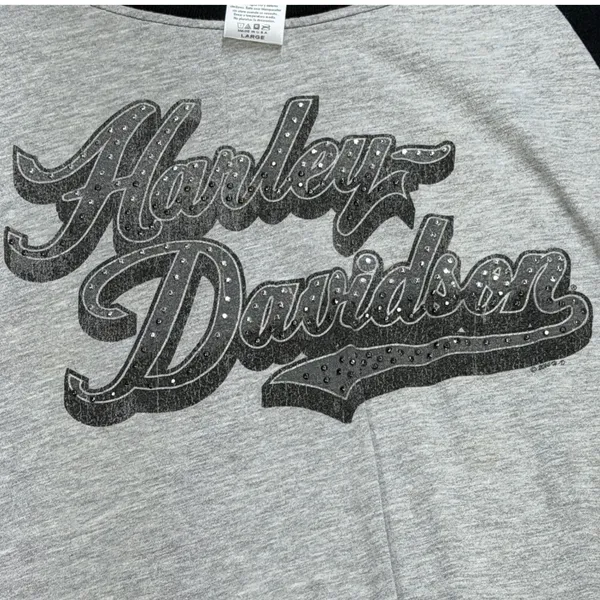 Harley Davidson Raglan Shirt Womens L Gray Bling Glam Biker Americana Moto USA - Image 5