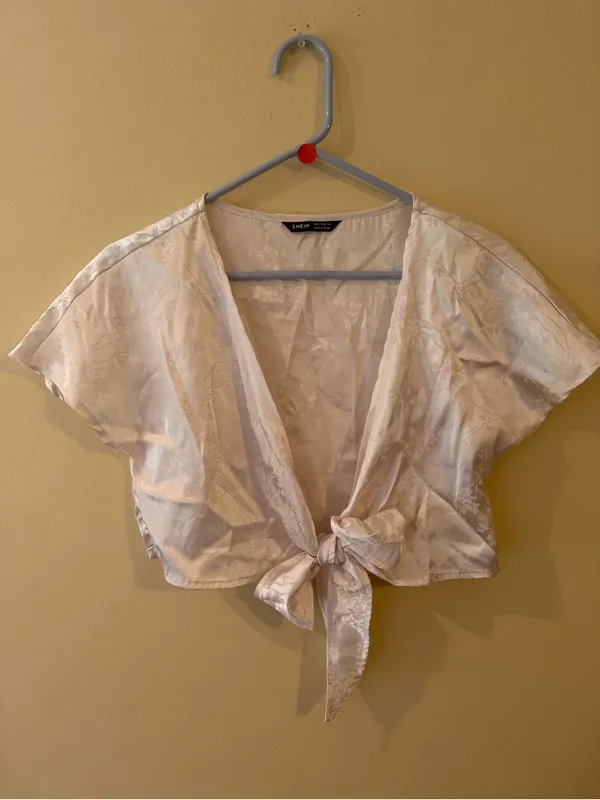 SHEIN Cream Satin Tie-Front Cropped Blouse - Image 2