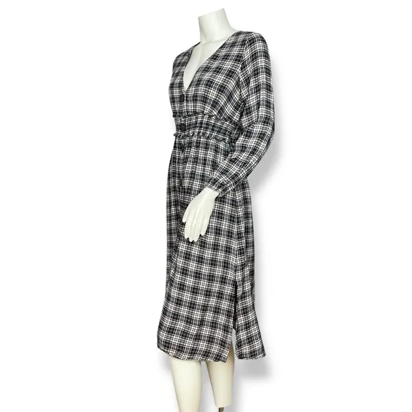 Zara Plaid Dress Shirred Smocked Long Sleeve V-Neck‎ Midi Women Size Medium - Image 3
