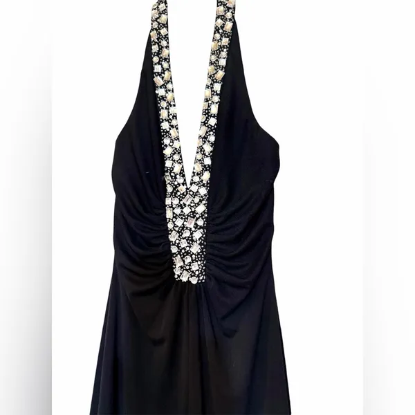 Morgan & Co Y2K Black Embellished Halter Dress with Cinched Gathered Vneck Sz XS - Image 4