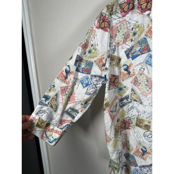 Chicos‎ Women's Linen Postage Stamp 3/4 Sleeve Button-up Top Sz L (2) Travel - Image 4