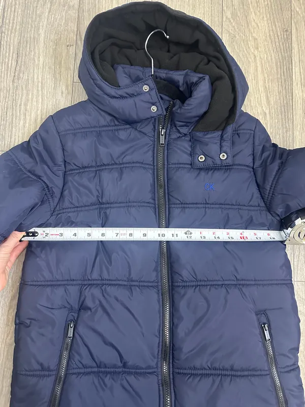 Calvin Klein Navy Blue Puffer Jacket with Hood | Fleece Lined Winter Coat Size L - Image 8