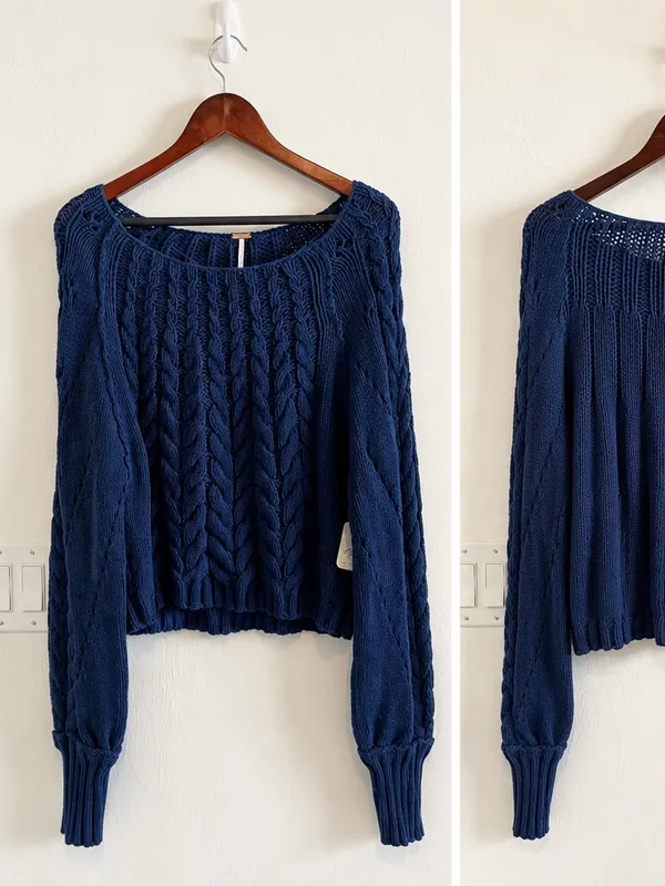 Free People Cable Stitch Pullover Sweater in Blue Sz M - Image 2