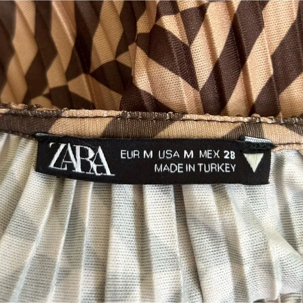Zara Brown & Tan Zigzag Stripe Geometric Long Sleeve Crinkle Mini Dress‎ Medium - Image 6