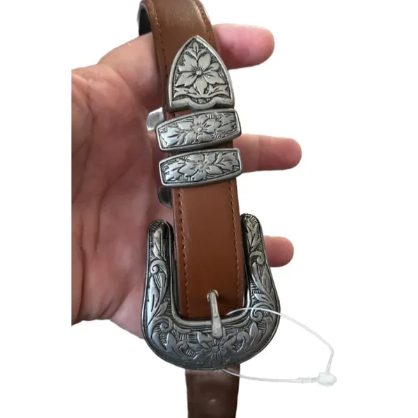 Brushed silver buckle smooth leather belt Brown - Image 2