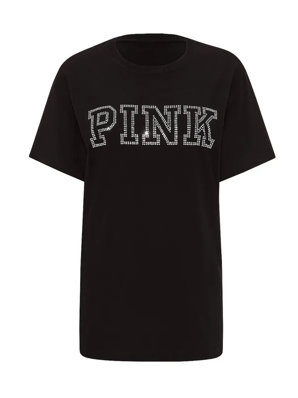 PINK Victoria's Secret Pure Black Bling Diamanté Logo Campus Short Sleeve Tee L - Image 4